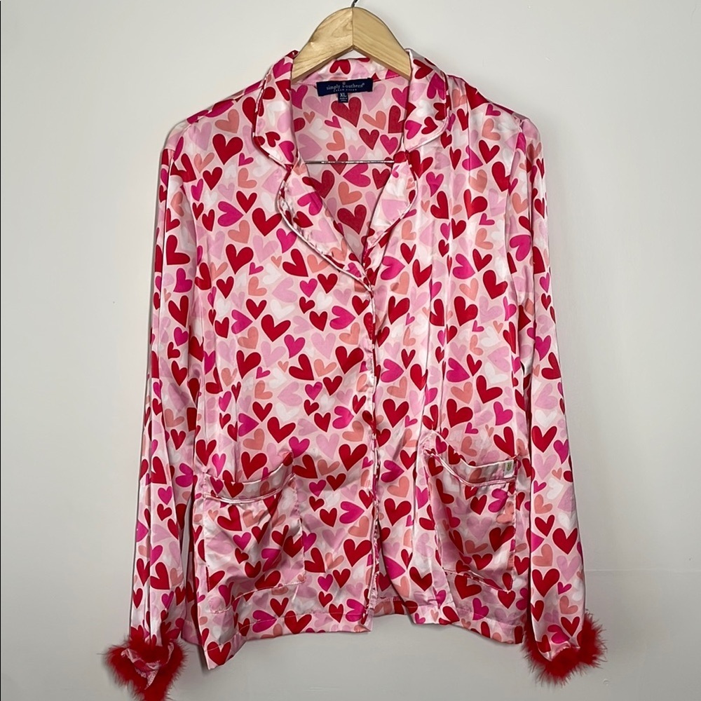 Simply Southern Women’s Heart Pattern Pajama Set Pink/Red XL